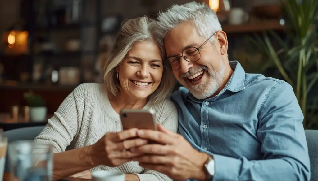 Casal meia idade sorrindo olhando para o celular - Nexo_curso_segurança